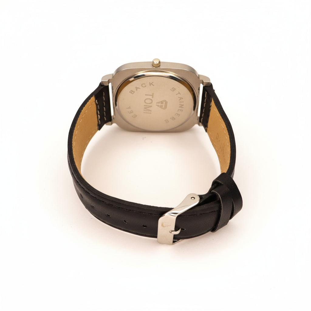 TOMI Classic Leather Strap Watch – Black Dial