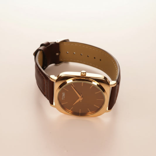TOMI Elegant Gold & Black Square Dial Watch with Brown Leather Strap