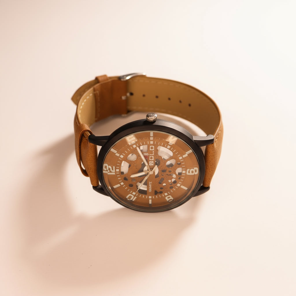 Surned Men's Skeleton Dial Analog Watch – Elegant Grey Leather Strap