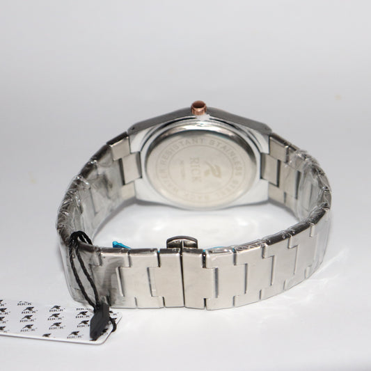 RICK Stainless Steel Watch with Black Dial and Rose Gold Accents