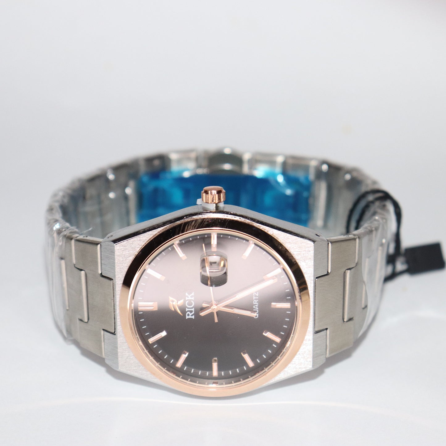 RICK Stainless Steel Watch with Black Dial and Rose Gold Accents