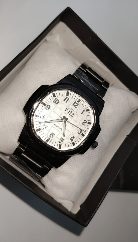Vitz Men’s Black Stainless Steel Analog Watch | Silver Checkered Dial | Quartz Movement | Casual & Daily Wear Wristwatch