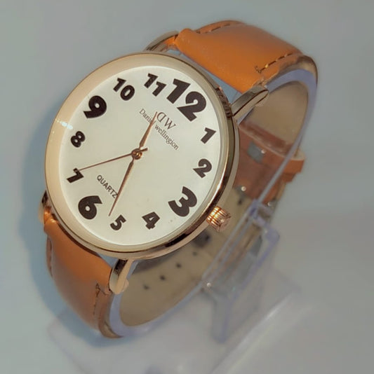 Classic Analog Men’s & Women’s Wrist Watch with Large Bold Numerals | Elegant White Dial | Brown Leather Strap | Quartz Movement