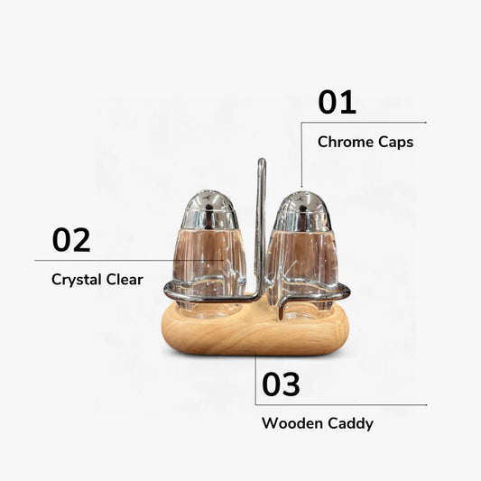 Premium Crystal-Clear Salt & Pepper Shaker Set with Wooden Caddy