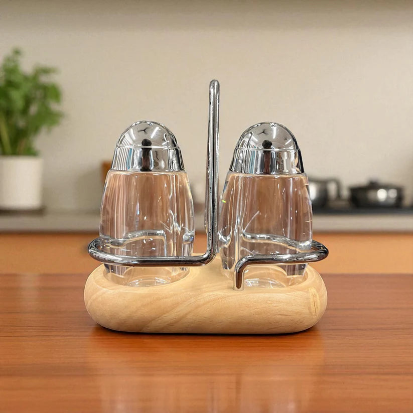 Premium Crystal-Clear Salt & Pepper Shaker Set with Wooden Caddy