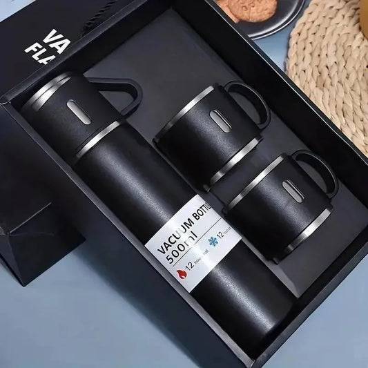 Vacuum Insulated Flask Set With 3 Cups - Satinless Steel Thermos 500-ML Bottle - Hot & Cold