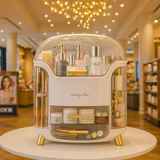 Cosmetic storage box with skincare products in a store setting