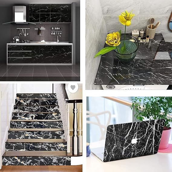 Marble Foil Kitchen Stickers Oil-Proof Waterproof Self Adhesive Wallpaper PVC Bathroom Wall Stickers Contact Paper (Black Marble 60cm x 2m)