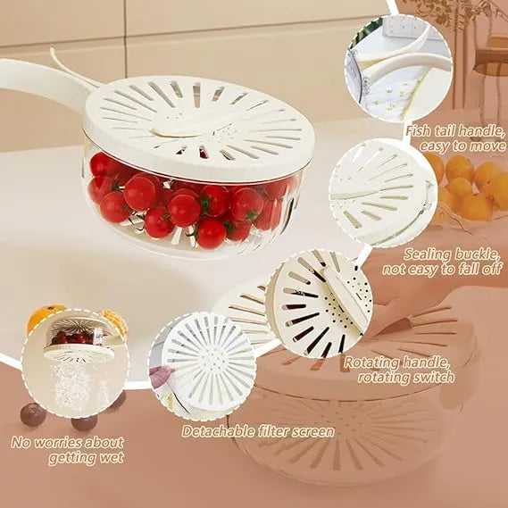 Folding Handle Drain Basket with Lid Fruit Vegetable Washing Bowl