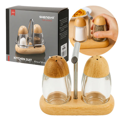 Premium Crystal-Clear Salt & Pepper Shaker Set with Wooden Caddy