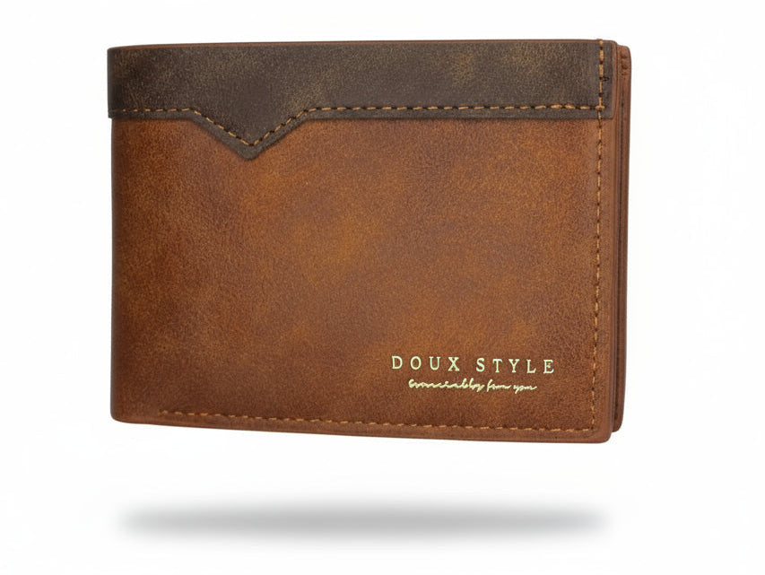 Brown leather wallet with 'DOUX STYLE' branding
