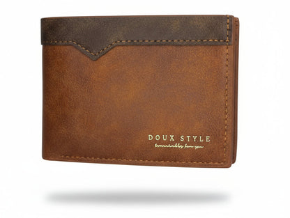 Brown leather wallet with 'DOUX STYLE' branding