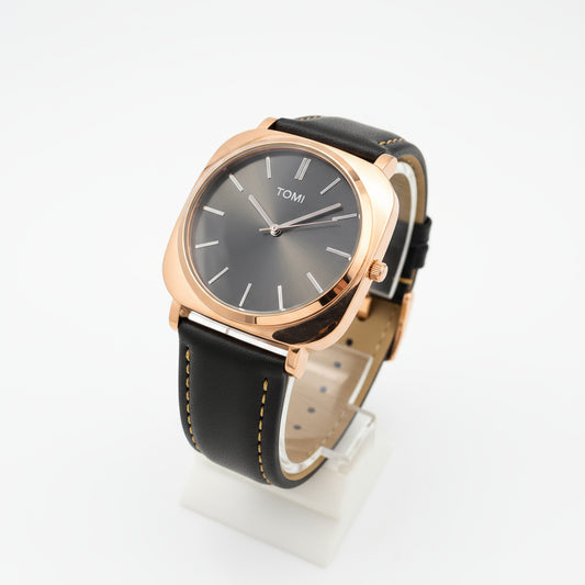 TOMI Classic Leather Strap Watch – Black Dial