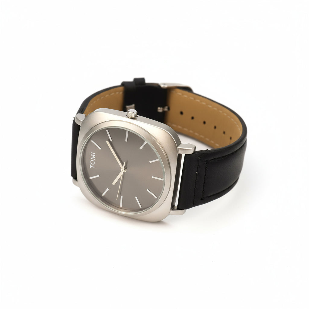 TOMI Classic Leather Strap Watch – Black Dial