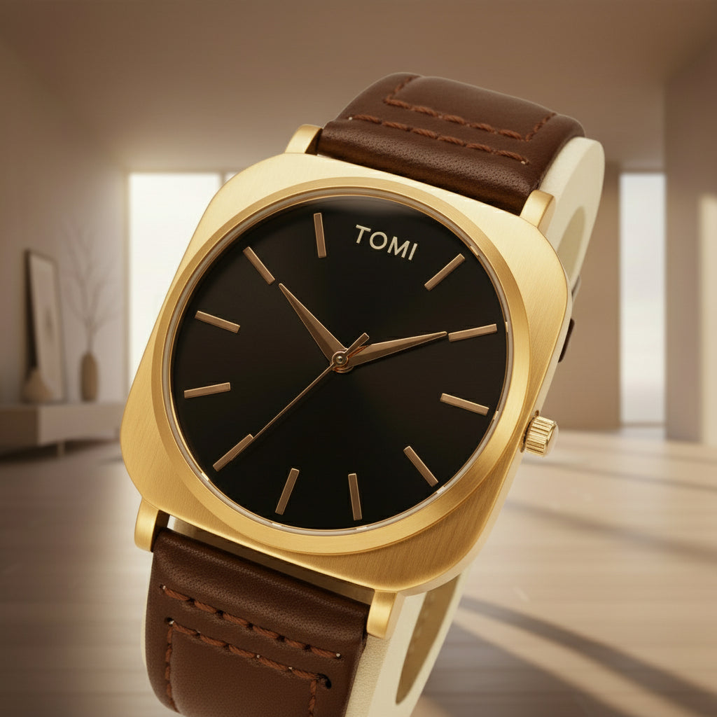 Gold watch with brown leather strap on a white background