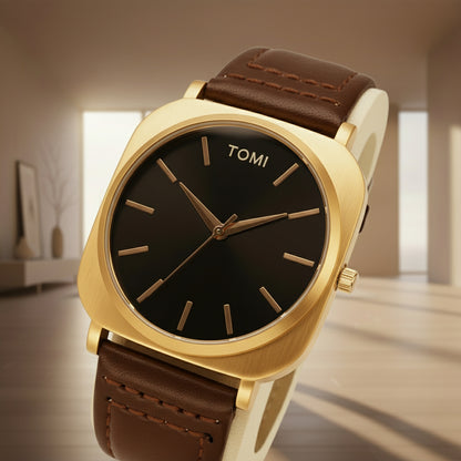 Gold watch with brown leather strap on a white background