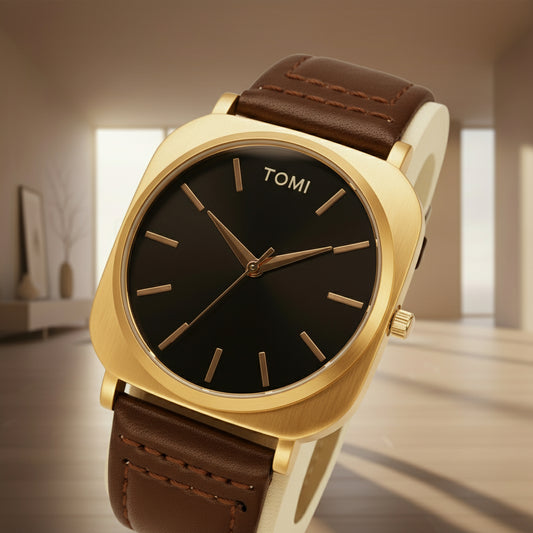 Gold watch with brown leather strap on a white background