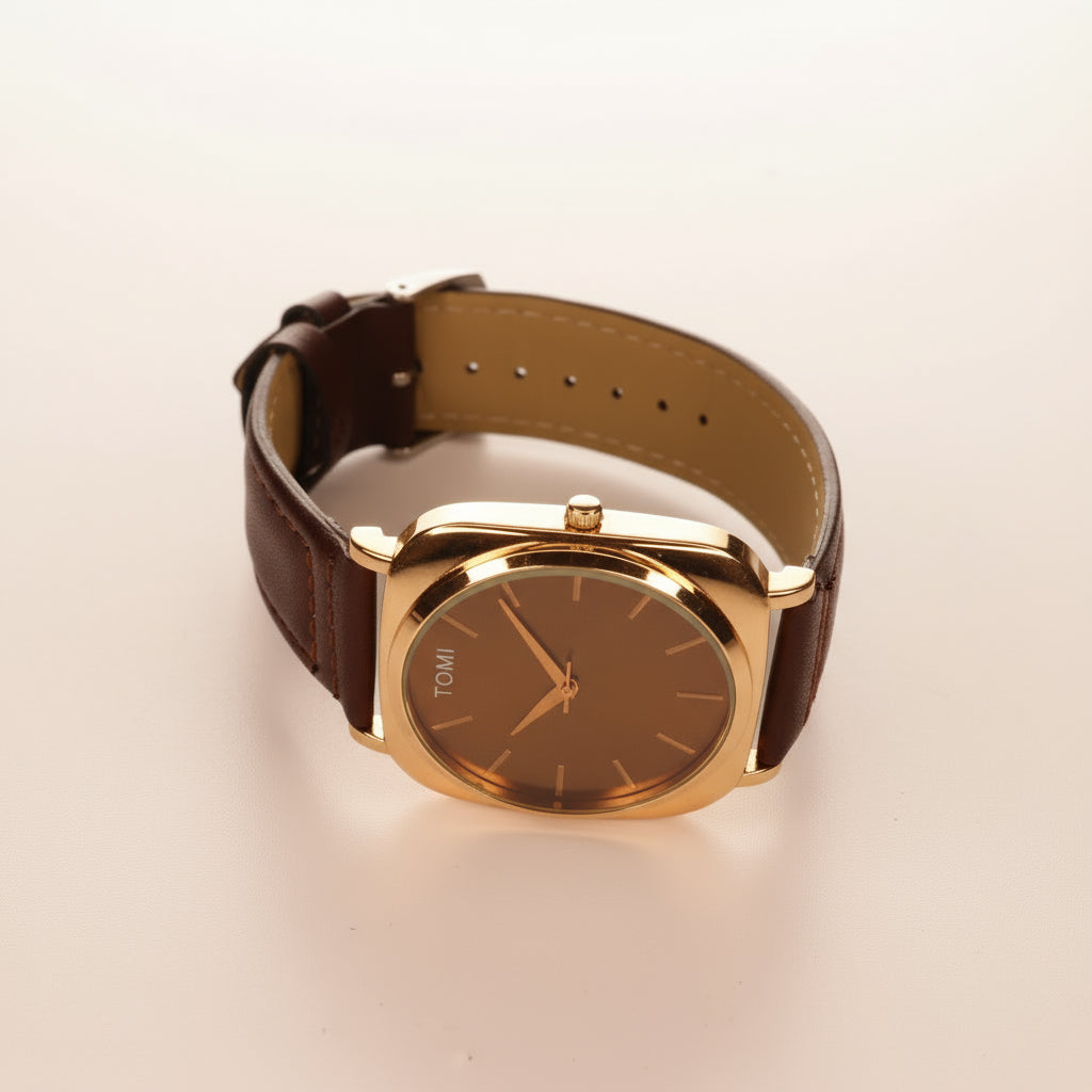 TOMI Elegant Gold & Black Square Dial Watch with Brown Leather Strap
