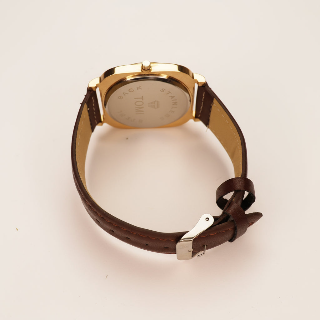 TOMI Elegant Gold & Black Square Dial Watch with Brown Leather Strap