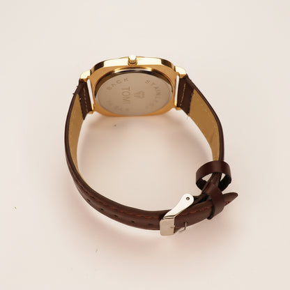 TOMI Elegant Gold & Black Square Dial Watch with Brown Leather Strap