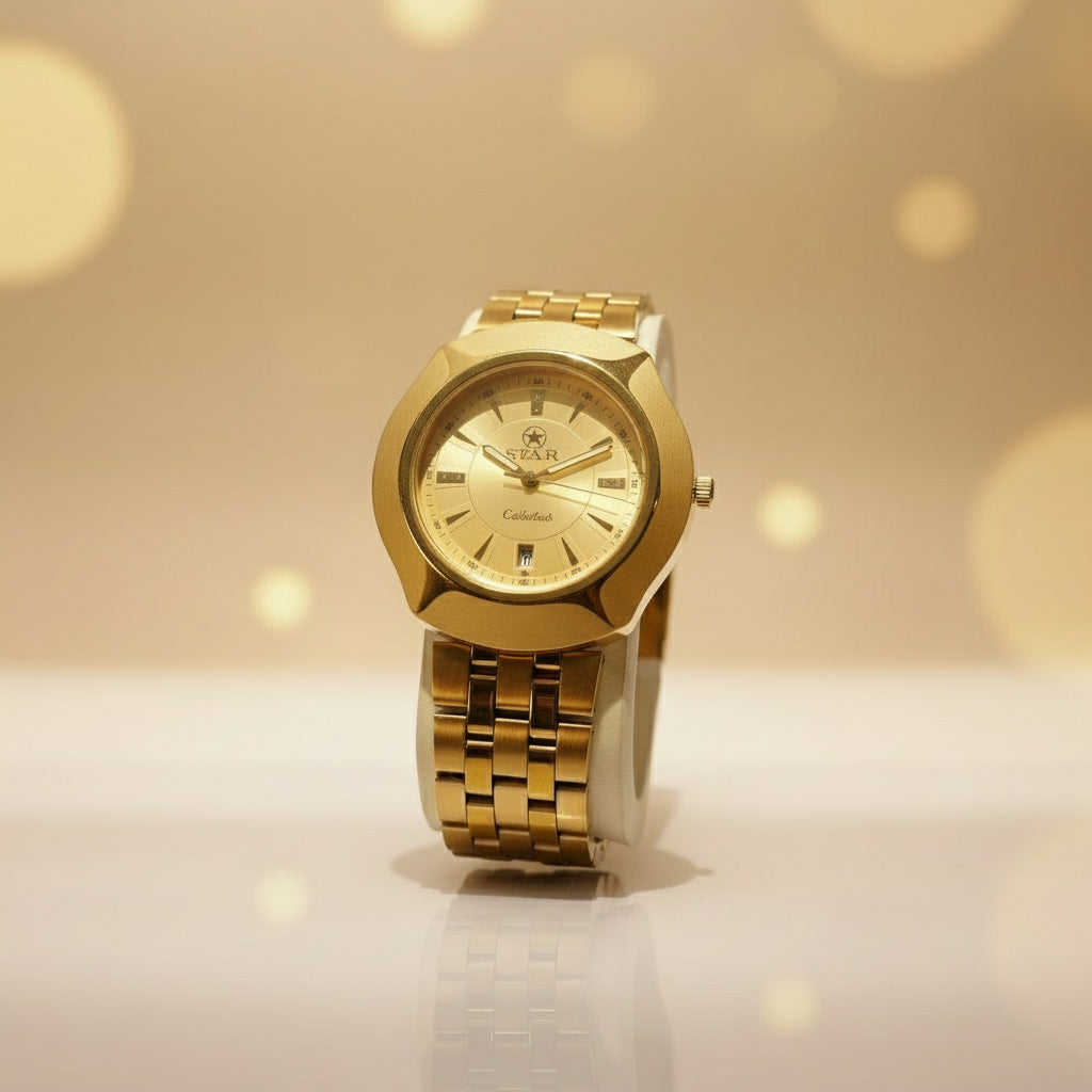 Gold watch on a white stand with a plain background