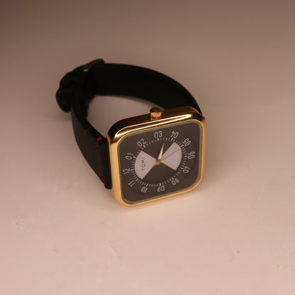 TOMI Square Gold & Black Watch with Red Stitching
