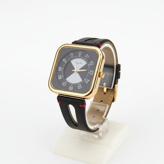 TOMI Square Gold & Black Watch with Red Stitching
