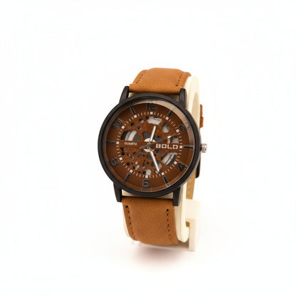 Surned Men's Skeleton Dial Analog Watch – Elegant Grey Leather Strap