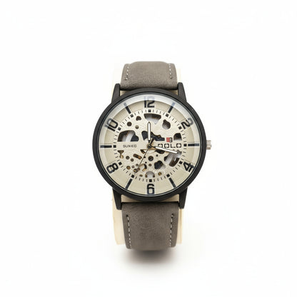 Surned Men's Skeleton Dial Analog Watch – Elegant Grey Leather Strap