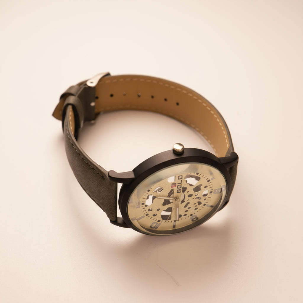 Surned Men's Skeleton Dial Analog Watch – Elegant Grey Leather Strap