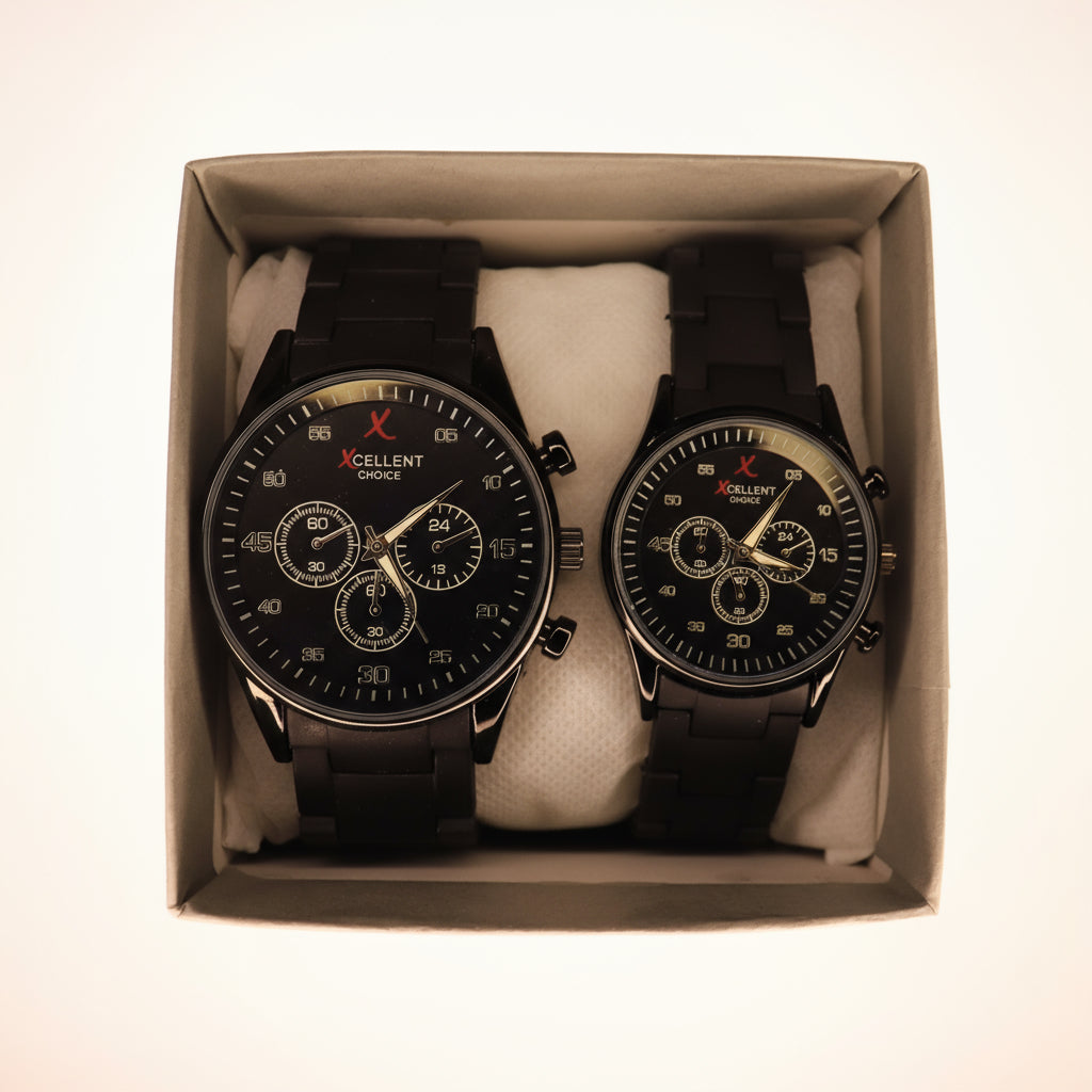 Couple's Black Chronograph Watch Set – Elegant Design for Him & Her