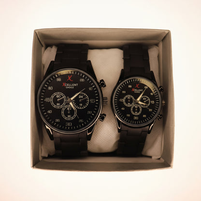 Couple's Black Chronograph Watch Set – Elegant Design for Him & Her