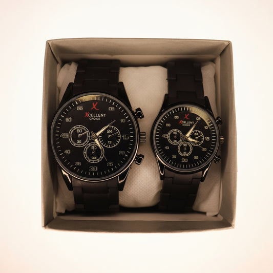 Couple's Black Chronograph Watch Set – Elegant Design for Him & Her