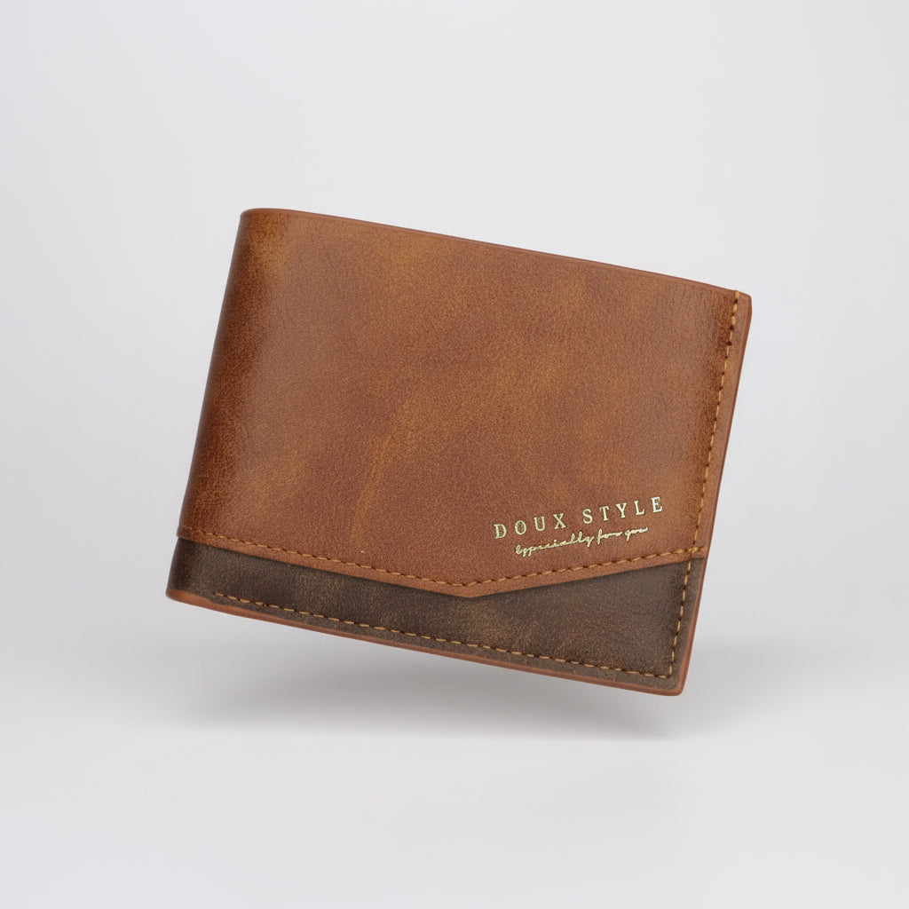 Brown leather wallet with 'DOUX STYLE' branding in a black box