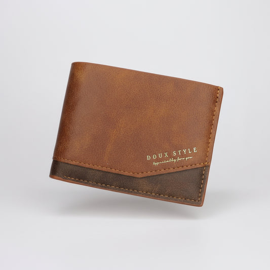 Brown leather wallet with 'DOUX STYLE' branding in a black box