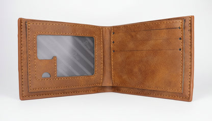 Brown leather wallet with 'DOUX STYLE' branding in a black box
