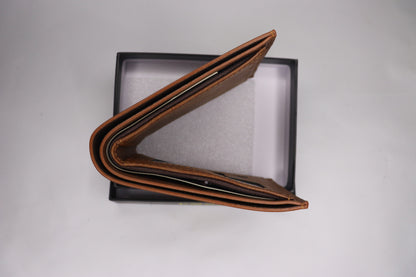 Brown leather wallet with 'DOUX STYLE' branding in a black box