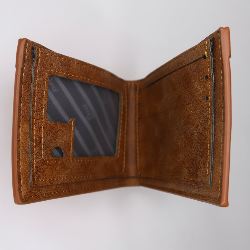 Brown leather wallet with 'DOUX STYLE' branding