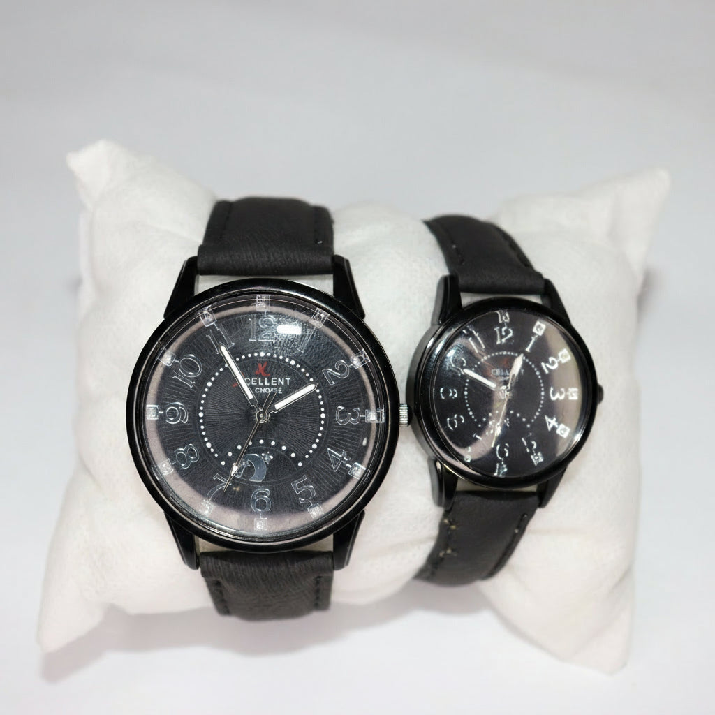 Elegant Duo: Men's & Women's Classic Black Leather Watches