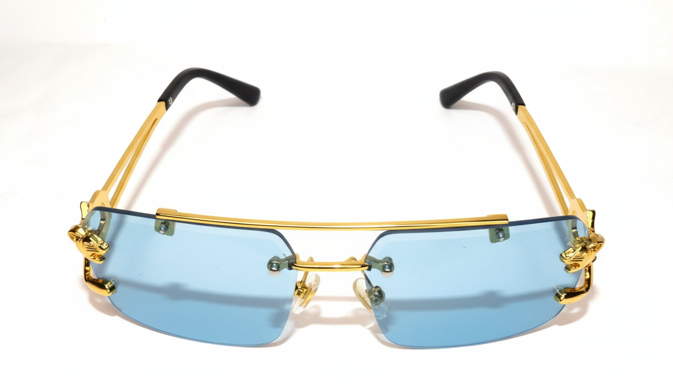 Gold-framed eyeglasses with blue-tinted lenses