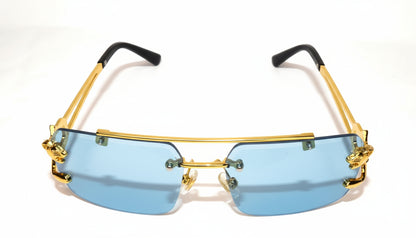 Gold-framed eyeglasses with blue-tinted lenses