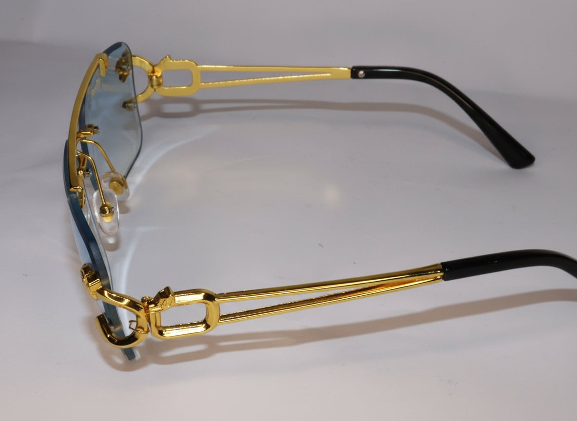 Gold-framed eyeglasses with blue-tinted lenses