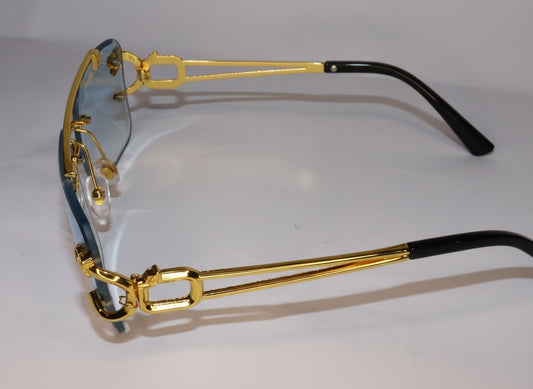 Gold-framed eyeglasses with blue-tinted lenses