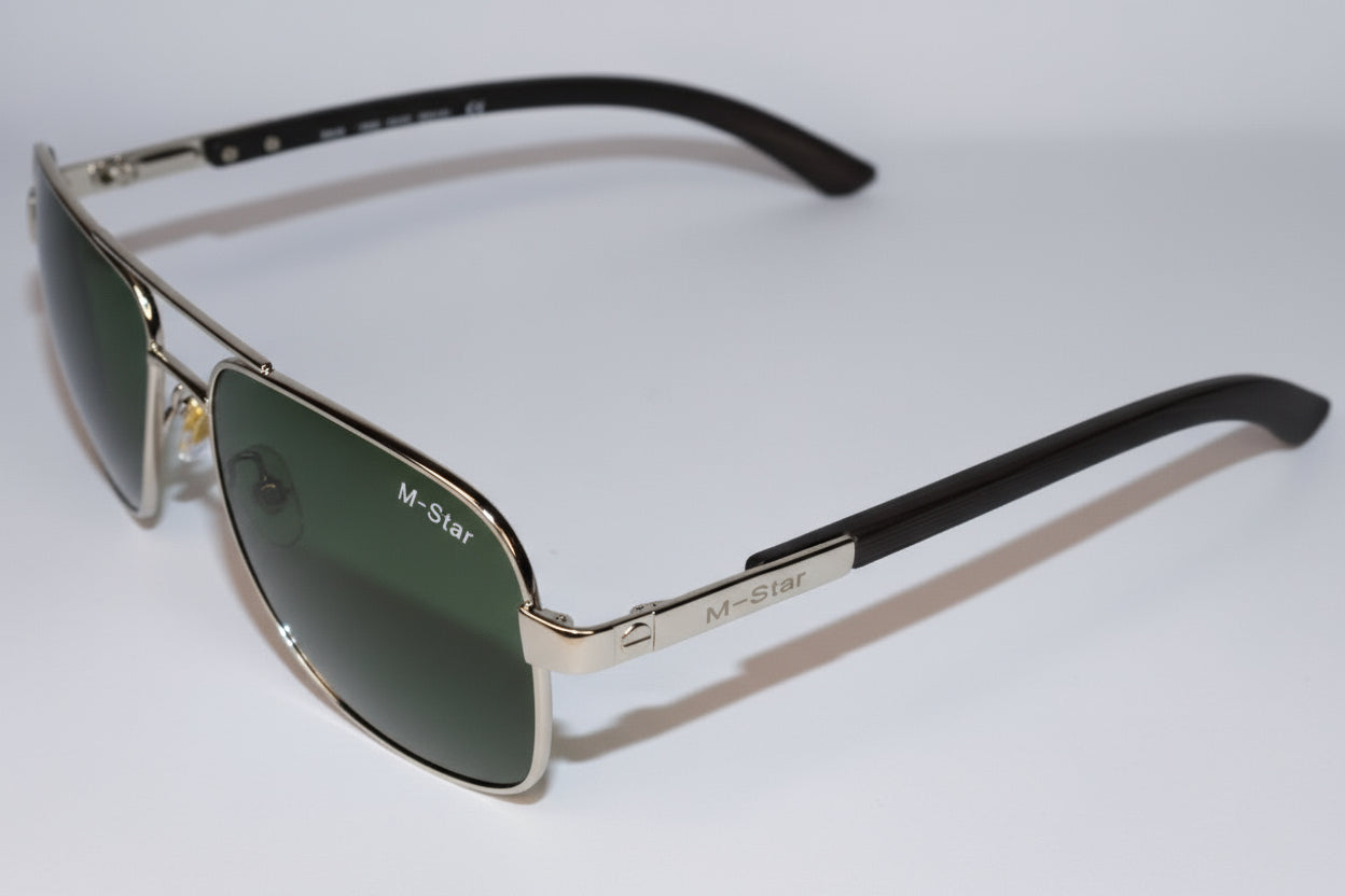 Sunglasses with black frame and gold accents on a white background