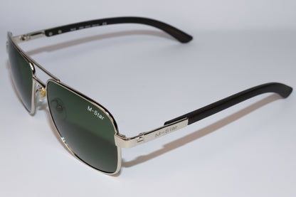 Sunglasses with black frame and gold accents on a white background