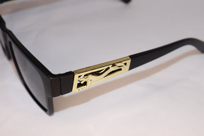 Sunglasses with black frame and gold decorative element