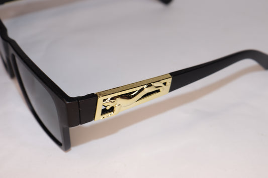 Sunglasses with black frame and gold decorative element