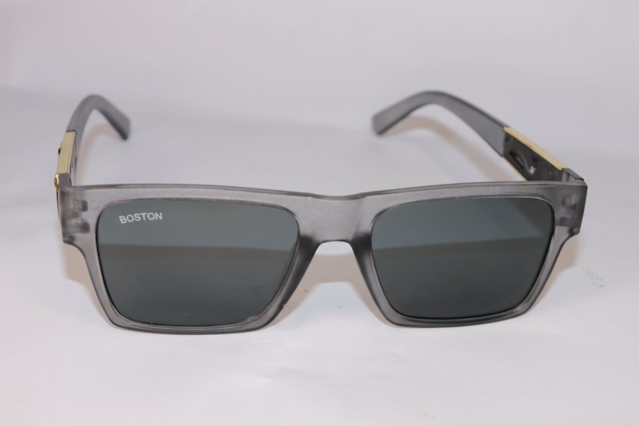 Gray sunglasses with 'BOSTON' branding