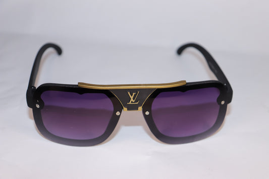 Sunglasses with a black frame and purple lenses