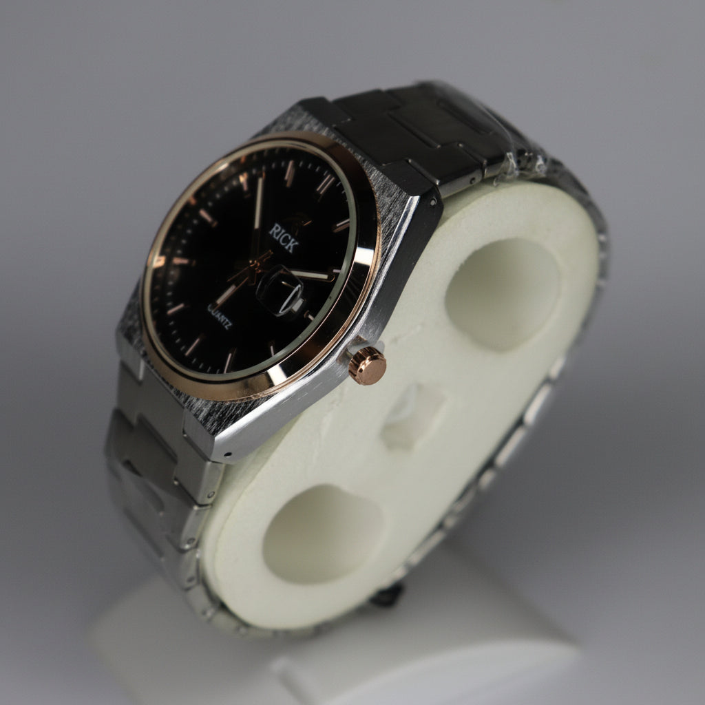 RICK Stainless Steel Watch with Black Dial and Rose Gold Accents
